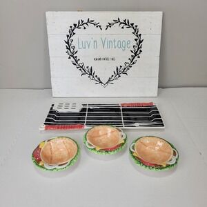 Fitz and Floyd Grillin and Chillin Burger Appetizer Platter Bowl Set BBQ Party